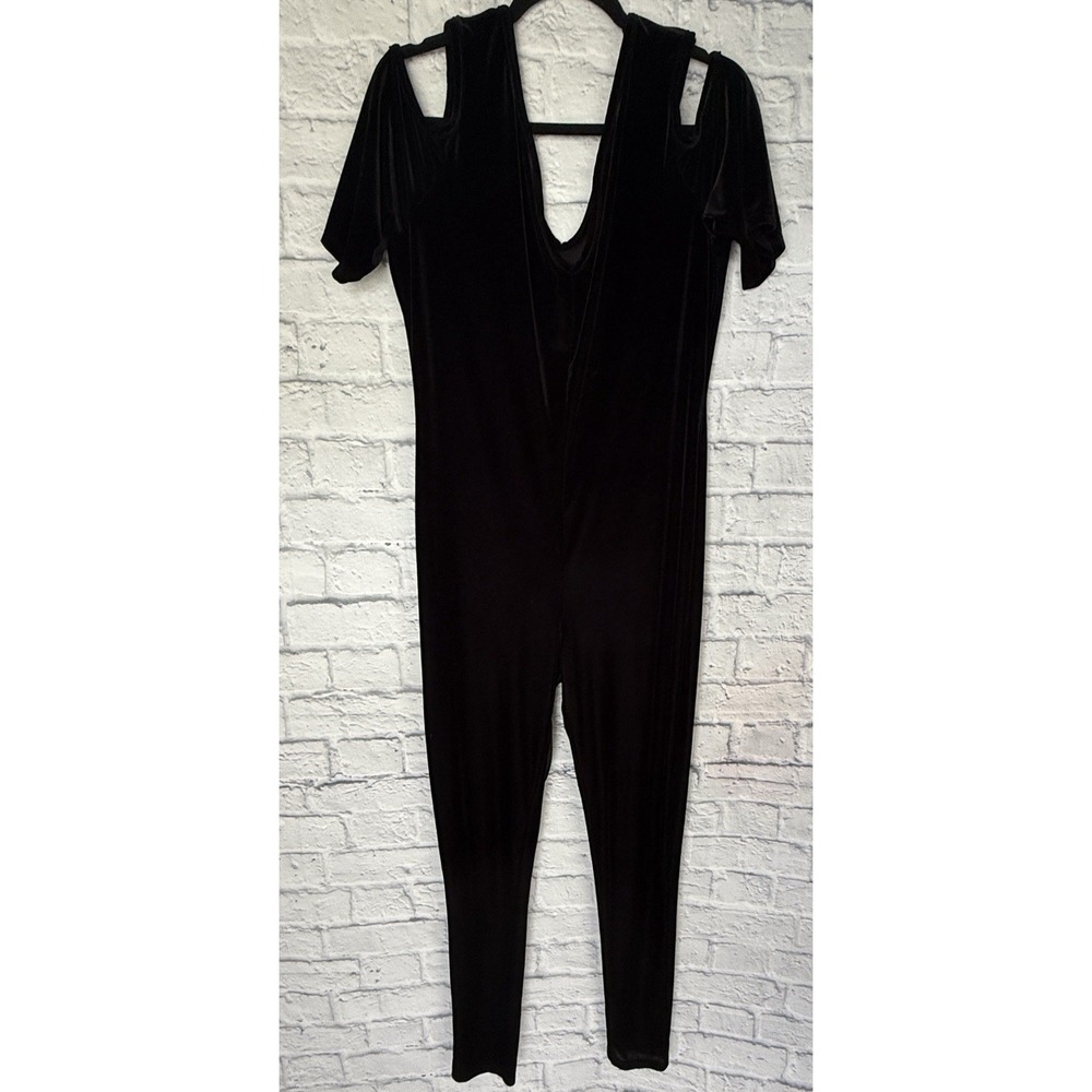 Vtg Y2k Black‎ Velvet Jumpsuit Plus Size 18/20 Cold Shoulder Catsuit Vamp